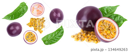 passion fruits and half isolated on white background. maracuya . Top view. Flat lay 134649263