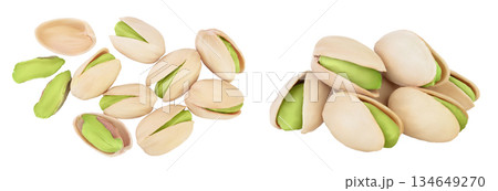 pistachio isolated on white background with full depth of field. Top view. Flat lay pistachio isolated on white background with full depth of field. Top view. Flat lay 134649270