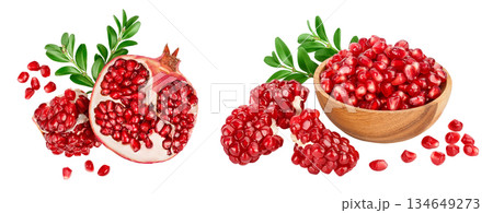Pomegranate seeds in wooden bowl isolated on white background with full depth of field. Top view. Flat lay Pomegranate seeds in wooden bowl isolated on white background with full depth of field. Top view. Flat lay 134649273