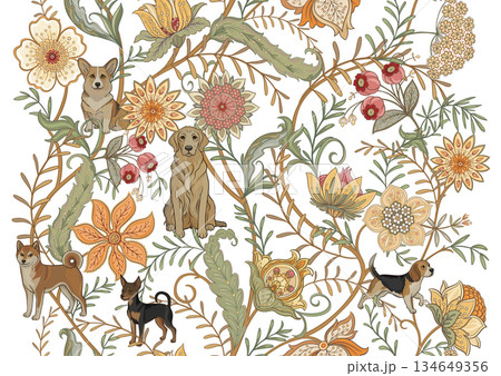 Seamless pattern with dogs and flowers. Seamless pattern with dogs and flowers. 134649356