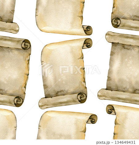 Hand-painted seamless watercolor pattern featuring repeating antique parchment scrolls with rolled edges and aged paper character. Ideal for historical designs, fantasy projects, stationery, packaging Hand-painted seamless watercolor pattern featuring repeating antique parchment scrolls with rolled edges and aged paper character. Ideal for historical designs, fantasy projects, stationery, packaging 134649431
