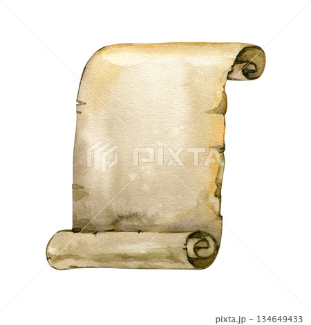 Hand-painted watercolor illustration of an antique parchment scroll with curled edges and aged paper texture. A timeless design ideal for historical themes, storytelling, manuscripts and classic 134649433