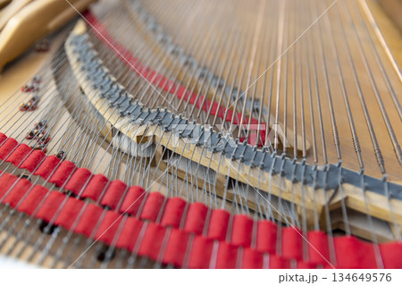 strings of an grand piano inside the instrument, details of the internal structure of an old classical grand piano with stretched strings strings of an grand piano inside the instrument, details of the internal structure of an old classical grand piano with stretched strings 134649576