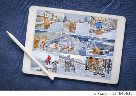 snowshoes and snowshoeing picture collage on a digital tablet featuring the same senior male model, winter recreation and adventure theme snowshoes and snowshoeing picture collage on a digital tablet featuring the same senior male model, winter recreation and adventure theme 134649636