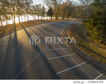 aerial view of a parking lot on a shore of the Tennessee River - Colbert Ferry Park, Natchez Trace Parkway aerial view of a parking lot on a shore of the Tennessee River - Colbert Ferry Park, Natchez Trace Parkway 134649794