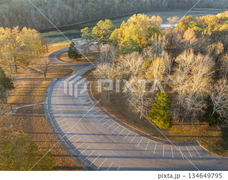 aerial view of a parking lot on a shore of the Tennessee River - Colbert Ferry Park, Natchez Trace Parkway aerial view of a parking lot on a shore of the Tennessee River - Colbert Ferry Park, Natchez Trace Parkway 134649795