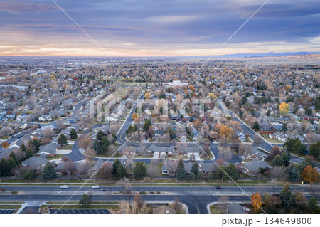 dawn over city of Fort Collins at foothills of Rocky Mountains in northern Colorado, aerial November scenery dawn over city of Fort Collins at foothills of Rocky Mountains in northern Colorado, aerial November scenery 134649800