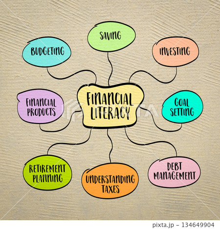 financial literacy infographics or mind map sketch - personal finance concept and education financial literacy infographics or mind map sketch - personal finance concept and education 134649904