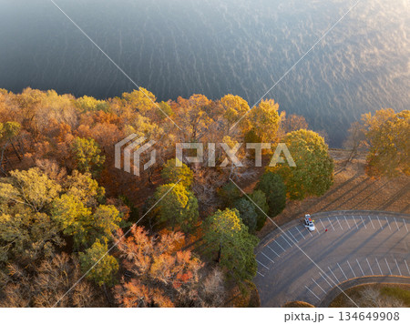 aerial view of a parking lot on a shore of the Tennessee River - Colbert Ferry Park, Natchez Trace Parkway aerial view of a parking lot on a shore of the Tennessee River - Colbert Ferry Park, Natchez Trace Parkway 134649908
