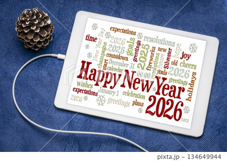 Happy New Year 2026 greetings card  - word cloud on a digital tablet with a decorative frosty pine cone 134649944