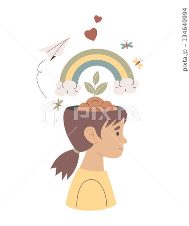 Mental Health Recovery and Positive Thinking Concept. Happy  Young Girl with Growing Plant, Rainbow, Butterflies and Paper Plane Emerging from Her Mind. Vector Illustration. Not AI 134649994