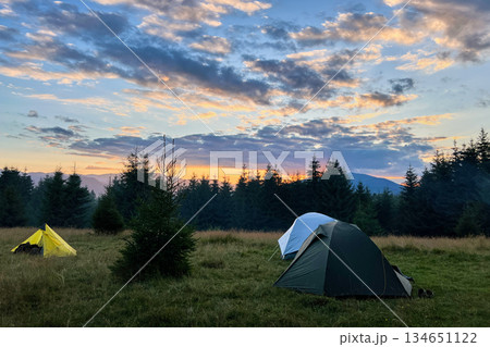 Few tourist tents in grassy field in evening, surrounded by trees and hills under stunning sunset sky. Colorful clouds enhance beauty of scene, with hues of orange and purple illuminating horizon. 134651122