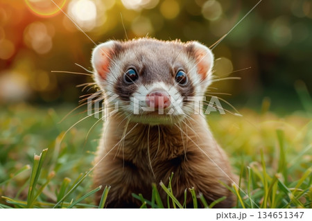 a cute little ferret on the green grass 134651347