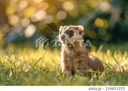 a cute little ferret on the green grass 134651355
