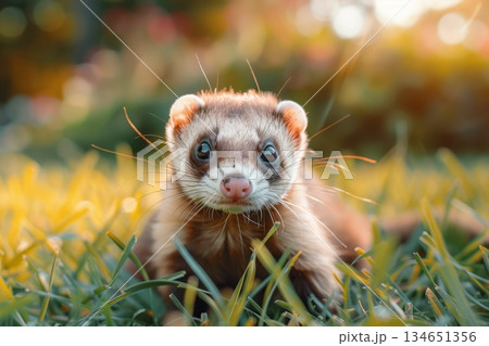 a cute little ferret on the green grass 134651356