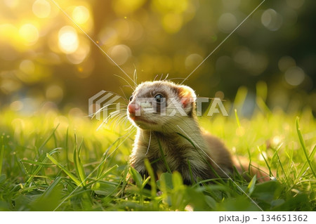 a cute little ferret on the green grass 134651362