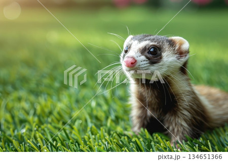 a cute little ferret on the green grass 134651366