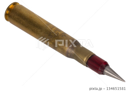 The .50 BMG, 12.7?99mm NATO cartridge. Armor-piercing incendiary silver tip-red sabot M962 SLAP-T The .50 BMG, 12.7?99mm NATO cartridge. Armor-piercing incendiary silver tip-red sabot M962 SLAP-T 134651581
