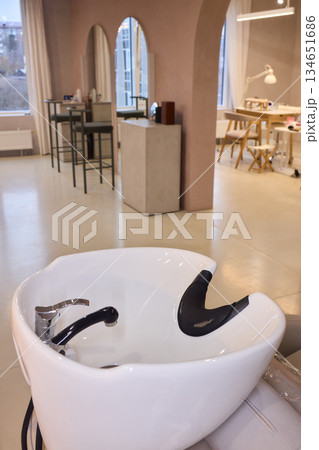 Salon wash station, Elegant hair wash station setup, Modern glossy porcelain hair washing basin setup, Sterile bright salon with professional hair washing and treatment area 134651686