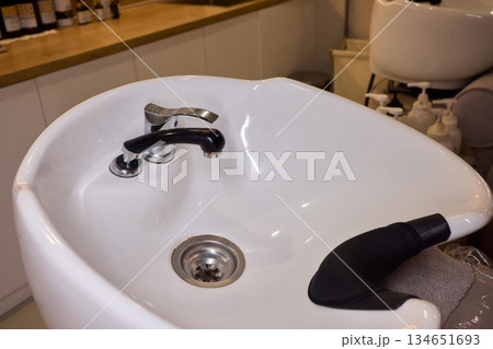 Salon wash station, Elegant hair wash station setup, Modern glossy porcelain hair washing basin setup, Sterile bright salon with professional hair washing and treatment area 134651693