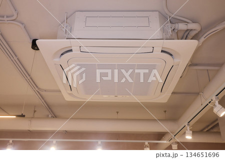 Interior air handling components view, Ceiling mounted air conditioning and ventilation setup, Commercial building HVAC infrastructure with technician inspection scene Interior air handling components view, Ceiling mounted air conditioning and ventilation setup, Commercial building HVAC infrastructure with technician inspection scene 134651696