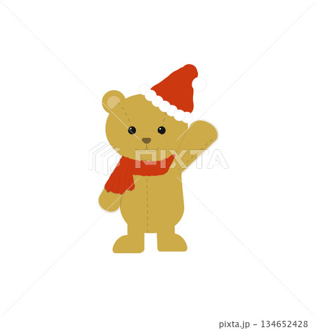 手をあげてあいさつするサンタ帽子のくまのイラスト 134652428
