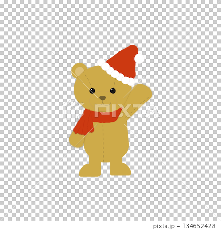 手をあげてあいさつするサンタ帽子のくまのイラスト 134652428