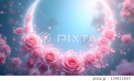 ピンクのバラと三日月の夜の風景 134652607