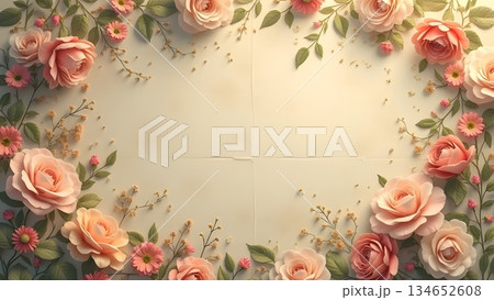ヴィンテージな紙とピンクのバラの背景フレーム 134652608