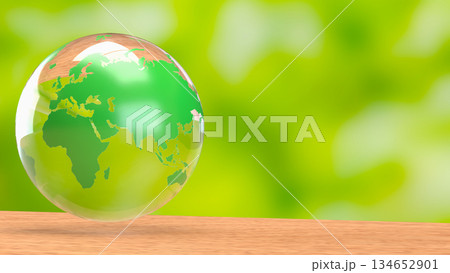 Transparent Green Earth Globe on Wooden Surface with Fresh Eco Background 3d render. Transparent Green Earth Globe on Wooden Surface with Fresh Eco Background 3d render. 134652901