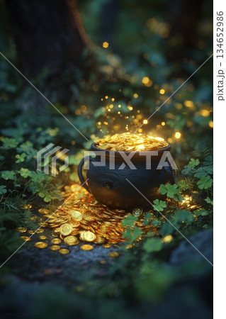 Magical Pot of Gold with Glowing Coins in Enchanted Forest Setting 134652986