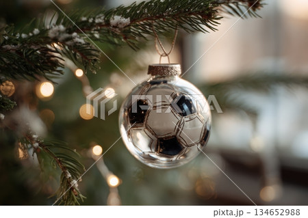 Soccer Ball Christmas Ornament on Pine Branch with Warm Fairy Lights 134652988