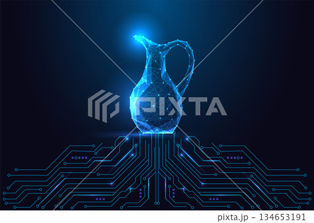 Digital objects, smart appliances and tech design concept with glowing jug above circuit board. 134653191