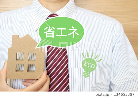 省エネ住宅を提案するビジネスマンとECOイメージの概念。 134653387