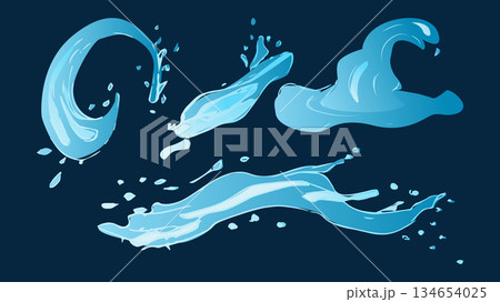 Dynamic liquid water splash with falling droplet, crashing sea wave and swirling eddies. For advertising web design or marketing visuals. Vector illustration. 134654025