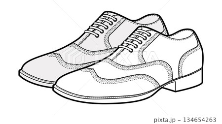 Brogue mens lace shoes sketch pair. Perforated leather footwear with classic wingtip detail smart casual office style 134654263