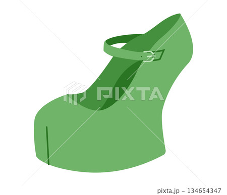 Green platform Mary Jane women flat shoe. Strap round toe dress footwear for party, festival, alternative street look. Green platform Mary Jane women flat shoe. Strap round toe dress footwear for party, festival, alternative street look. 134654347
