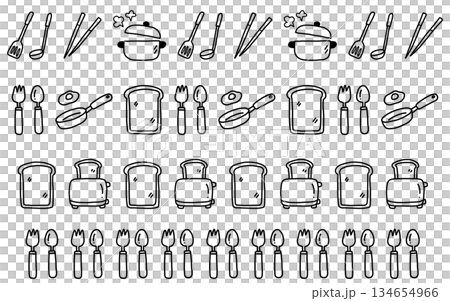 Set of four monochrome decorative lines of hand-drawn kitchen tools Set of four monochrome decorative lines of hand-drawn kitchen tools 134654966