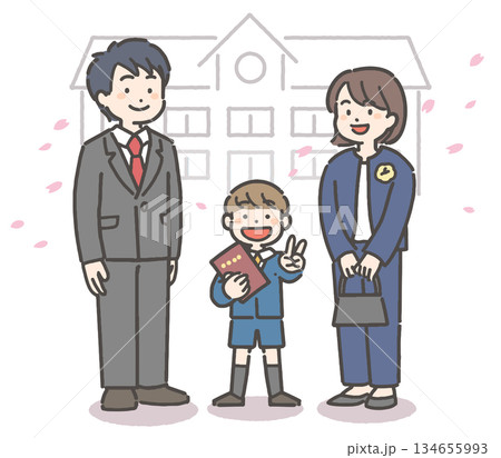 桜吹雪の中、卒園の証書を持って笑顔の男の子の園児と家族 134655993