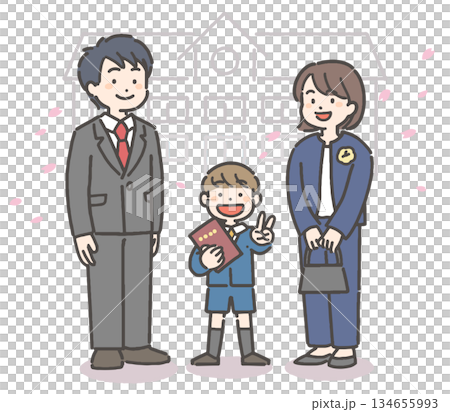 一個笑容燦爛的男孩和他的家人在漫天飛舞的櫻花花瓣中，手捧畢業證書。 134655993