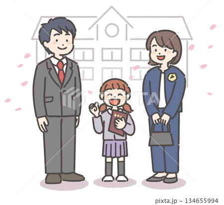 桜吹雪の中、卒園の証書を持って笑顔の女の子の園児と家族 134655994