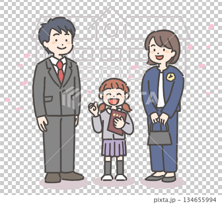 A smiling girl and her family holding a graduation certificate amid a flurry of cherry blossom petals 134655994