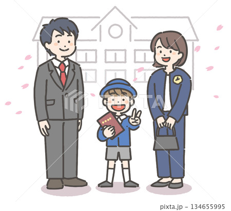 桜吹雪の中、卒園の証書を持って笑顔の、制服を着た男の子の園児と家族 134655995