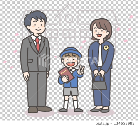 A boy in a uniform and his family smile as they hold their graduation certificates amid a flurry of cherry blossom petals 134655995