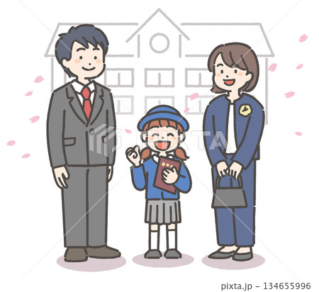 桜吹雪の中、卒園の証書を持って笑顔の、制服を着た女の子の園児と家族 134655996