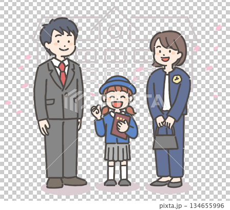 桜吹雪の中、卒園の証書を持って笑顔の、制服を着た女の子の園児と家族 134655996