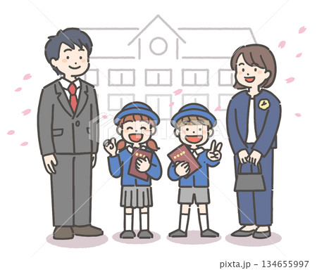 桜吹雪の中、卒園の証書を持って笑顔の、制服を着た男の子と女の子の園児と家族 134655997