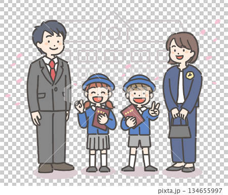 桜吹雪の中、卒園の証書を持って笑顔の、制服を着た男の子と女の子の園児と家族 134655997
