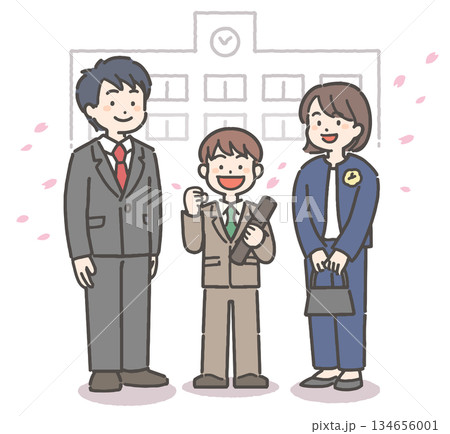 桜吹雪の中、卒業証書を持って笑顔の男の子の小学生と家族 134656001