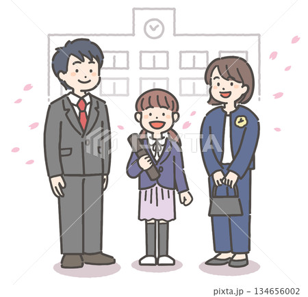 桜吹雪の中、卒業証書を持って笑顔の女の子の小学生と家族 134656002